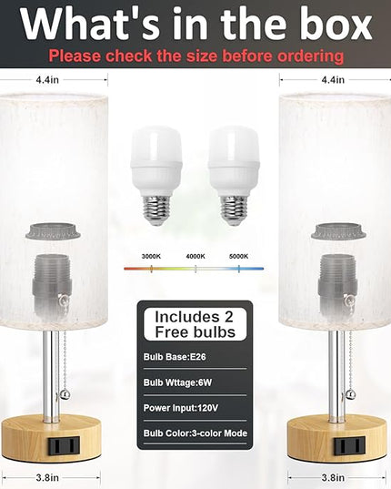 Wood Grain Bedside Table Lamps Set of 2-3 Color Temperatures Pull Chain Lamp with AC Outlet Charging Port, Two Round Night Stand Lamps for Bedroom Office, Small Bed Light with E26 LED Bulbs - LeafyLoom