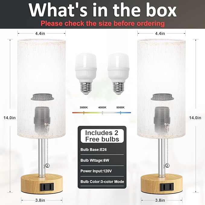 Wood Grain Bedside Table Lamps Set of 2-3 Color Temperatures Pull Chain Lamp with AC Outlet Charging Port, Two Round Night Stand Lamps for Bedroom Office, Small Bed Light with E26 LED Bulbs - LeafyLoom