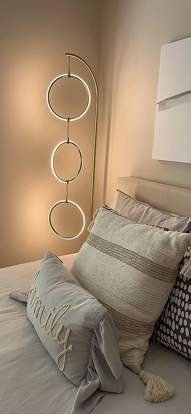 Brightech Nova Modern Floor Lamp - Contemporary Arc Tall Lamp with 3-Circle Ring-Style Pendant - Over the Couch Standing Lamp on Arching Pole - Eclectic Tall Lamp Matches Living Room Décor - Gold - LeafyLoom