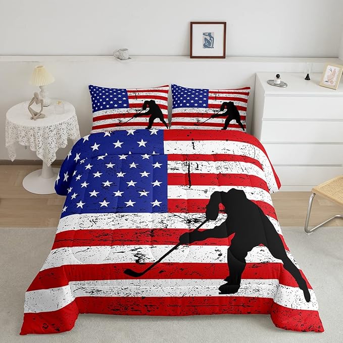 Erosebridal American Flag Comforter Set Twin, Hockey Bedding Set United States Sports Games Down Comforter for Kids Boys Teens Bedroom, Red White Geometric Stripes Duvet Sets with 1 Pillowcase - LeafyLoom