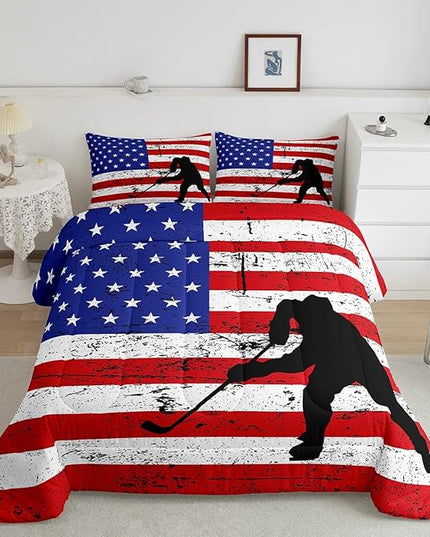 Erosebridal American Flag Comforter Set Full, Hockey Bedding Set United States Sports Games Down Comforter for Kids Boys Teens Bedroom, Red White Geometric Stripes Duvet Sets with 2 Pillowcases - LeafyLoom