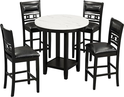 5-Piece Retro Counter Height Round Dining Table Set with Faux Marble Veneer and Bottom Shelf, 4 PU Leather Upholstered Chairs, for Kitchen, Breakfast Nook, Bar, Living Room, Dark Espresso - LeafyLoom
