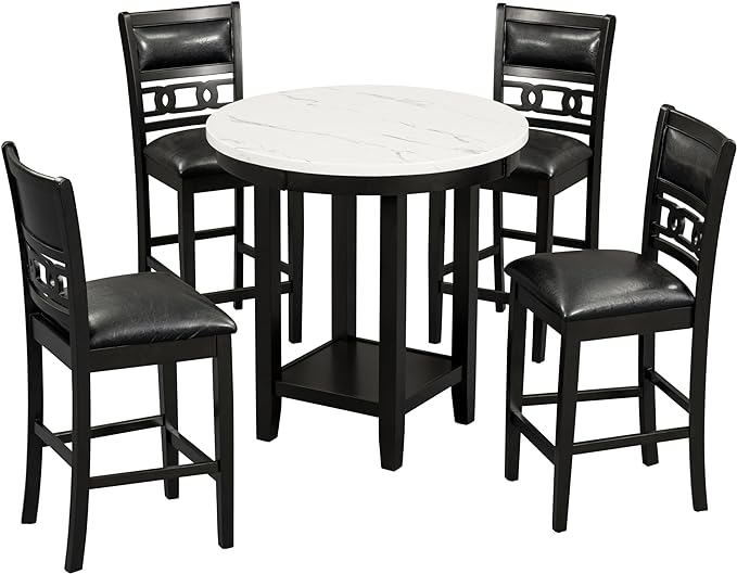 5-Piece Retro Counter Height Round Dining Table Set with Faux Marble Veneer and Bottom Shelf, 4 PU Leather Upholstered Chairs, for Kitchen, Breakfast Nook, Bar, Living Room, Dark Espresso - LeafyLoom