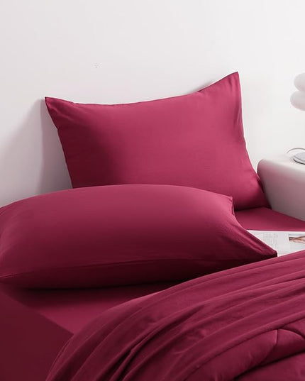 NTBAY Twin Comforter Set with Sheets, 5 Pieces Soft and Breathable Twin Bedding Set, Twin Bed in a Bag, Down Alternative Comforter Set Solid Color All Season, Kids Bedding Set, Wine Red - LeafyLoom