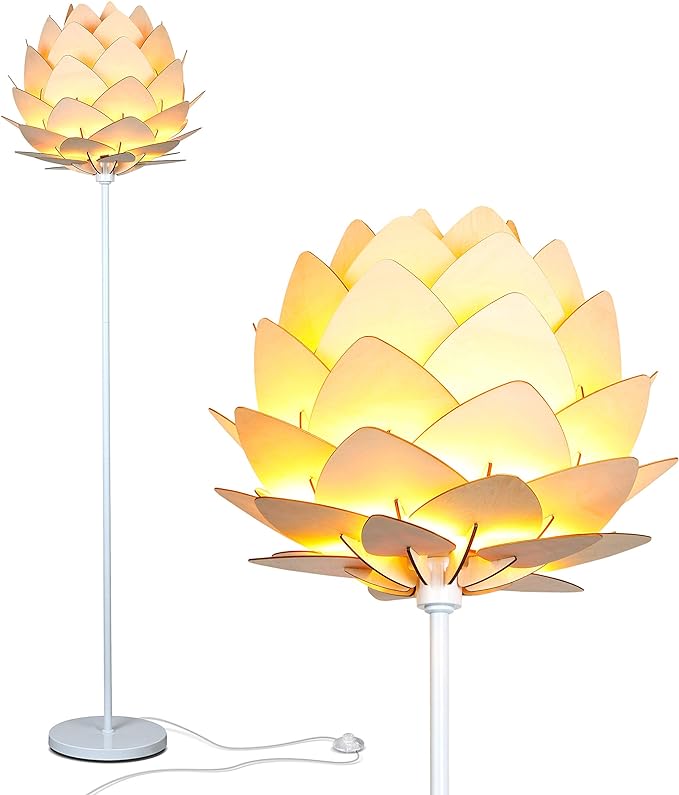 Brightech Artichoke LED Floor Lamp, Great Living Room Décor, Modern Lamp for Living Rooms & Offices, Bohemian Standing Lamp for Bedroom Reading, Tall Lamp with Multi-Panel Wooden Shade - LeafyLoom