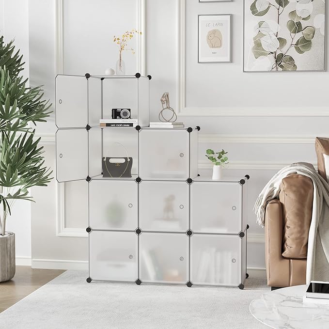 C&AHOME Cube Storage Organizer with Doors, 9-Cube Shelves, Closet Cabinet, DIY Plastic Modular Bookshelf Ideal for Bedroom, Living Room, 36.6”L x 12.4”W x 36.6”H White USBTM3009B-DOOR - LeafyLoom
