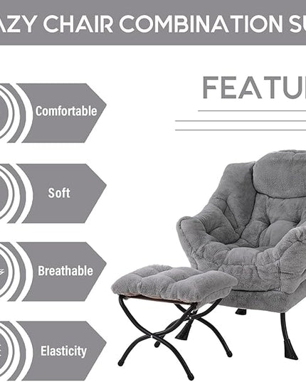 LITA Lazy Chair with Ottoman, Modern Accent Leisure Upholstered Sofa Chair, Contemporary Lounge Reading Chair with Armrests and a Side Pocket for Living Room, Bedroom & Small Space, Plush Grey - LeafyLoom