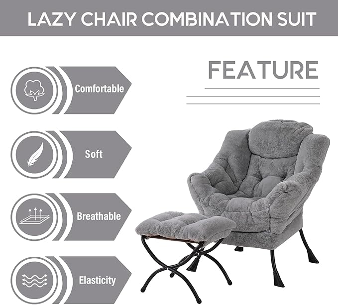 LITA Lazy Chair with Ottoman, Modern Accent Leisure Upholstered Sofa Chair, Contemporary Lounge Reading Chair with Armrests and a Side Pocket for Living Room, Bedroom & Small Space, Plush Grey - LeafyLoom
