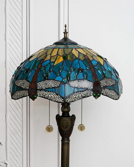 Tiffany floor lamp stained glass lamps for living room bedroom office rustic corner standing tall vintage light kids unique Pulling chain Green Dragonfly style lighting - LeafyLoom