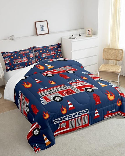 Cartoon Car Bedding Set Fire Truck Comforter Set for Kids Boys Girls Teens Room Decor Firefighter Comforter Firemen Car Vehicle Fire Engine Blue Red Duvet Set 3Pcs King Size Boys - LeafyLoom