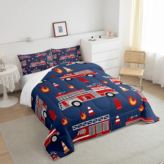 Cartoon Car Bedding Set Fire Truck Comforter Set for Kids Boys Girls Teens Room Decor Firefighter Comforter Firemen Car Vehicle Fire Engine Blue Red Duvet Set 3Pcs King Size Boys - LeafyLoom