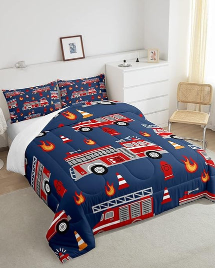 Cartoon Car Bedding Set Fire Truck Comforter Set for Kids Boys Girls Teens Room Decor Firefighter Comforter Firemen Car Vehicle Fire Engine Blue Red Duvet Set 3Pcs Full Size - LeafyLoom