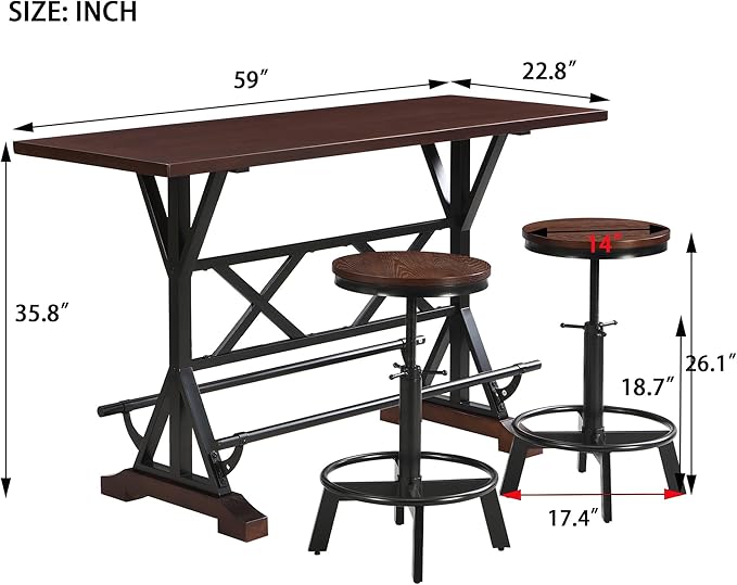 NicBex Small Dining Table for 2 Bar Table and Chairs Set 59" Wooden Sofa Side Table with Adjustable Height Stools, Modern Bar Table and Chairs for Living Room, Dining Room, Espresso - LeafyLoom