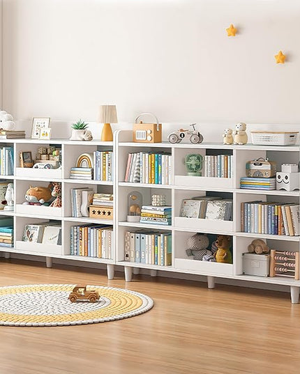 Wooden Cube Bookcase with Legs - 3-Tier Open Shelf Kidsroom Sorted Storage Cabinet Organizer for Books and Toys, 9-Cube Lattice Cute Cubby Bookshelf in Pearl White, 47" W - LeafyLoom