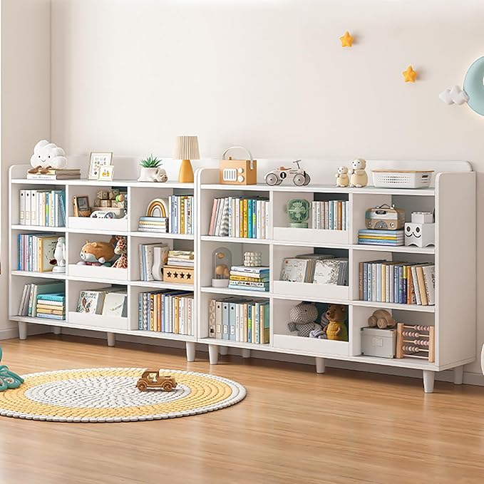 Wooden Cube Bookcase with Legs - 3-Tier Open Shelf Kidsroom Sorted Storage Cabinet Organizer for Books and Toys, 9-Cube Lattice Cute Cubby Bookshelf in Pearl White, 47" W - LeafyLoom