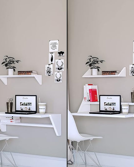 Reversible Wall Desk, White Floating Desk with Wall Mounted Shelf for Computer, Home, Office, Bedroom, Living, Kitchen and Study - L - LeafyLoom