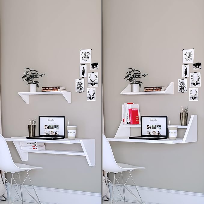 Reversible Wall Desk, White Floating Desk with Wall Mounted Shelf for Computer, Home, Office, Bedroom, Living, Kitchen and Study - L - LeafyLoom