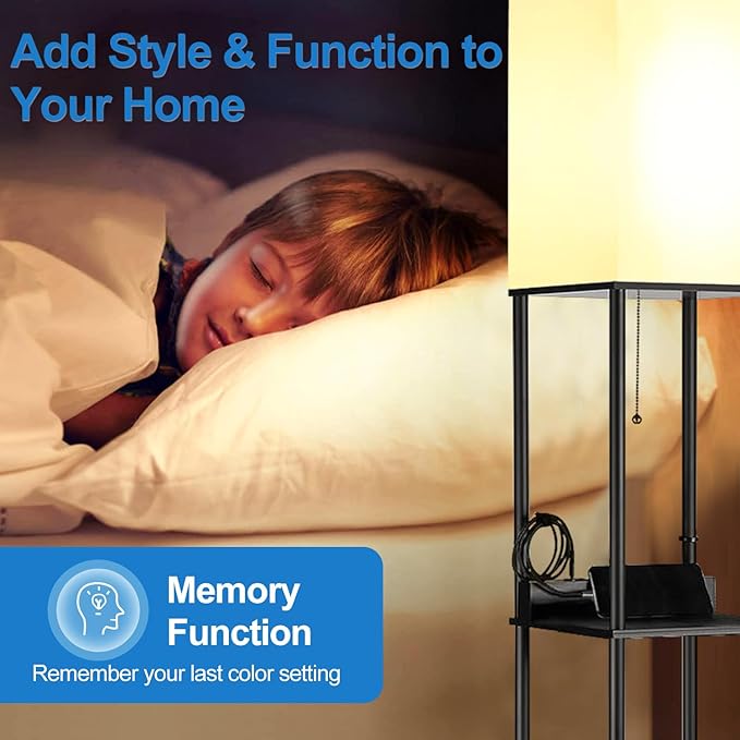 NUNET Smart LED Floor Lamp with Shelves 3 Color Temperature Light & Dimmable App Controlled Wi-Fi Bulb w. 3 Level Shelves & Cellphone/Photo Frame Stand for Bedroom Living Room Corner etc. (Black) - LeafyLoom