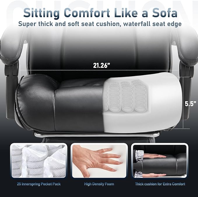 Executive Office Chair with Footrest, Ergonomic High Back Desk Chair, Computer Chair with Adjustable Headrest, Height, Tilt Lock, Extra Lumbar Support Pillow for Comfort, Large Home Office Chair-Black - LeafyLoom