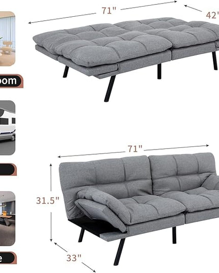 MUUEGM Futon Sofa Bed Convertible Memory Foam Sleeper Couch,Modern Loveseat for Living Room,Small Compact Space,Dorm,Office,Adjustable Armrests Backrest Sofabed, Linen Light Grey - LeafyLoom