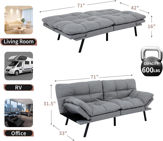 MUUEGM Futon Sofa Bed Convertible Memory Foam Sleeper Couch,Modern Loveseat for Living Room,Small Compact Space,Dorm,Office,Adjustable Armrests Backrest Sofabed, Linen Light Grey - LeafyLoom