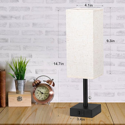 Pull Chain Small Table Lamp for Bedroom with USB Ports, 3 Color Temperature Bedside Lamp for Kid's Room Office - LeafyLoom