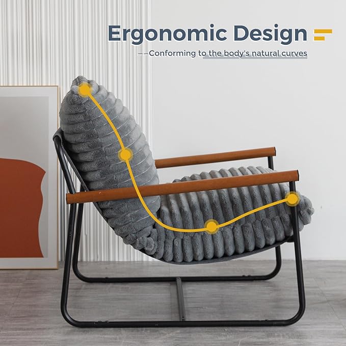 MAXYOYO Accent Chair, Sherpa Arm Chair for Living Room, Mid Century Modern Accent Chairs, Boucle Reading Bedroom Chair, Teddy Armchair, Wooden Arms Metal Frame - LeafyLoom