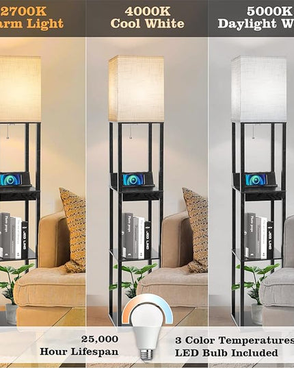 Floor Lamp with Shelves, RUNTOP LED Shelf Floor Lamp with Wireless Charger & 2 Charging USB Ports & Drawer, AC Outlet, 3 Color Temperature Tall Standing Lamp with Bulb for Living Room, Bedroom, Office - LeafyLoom