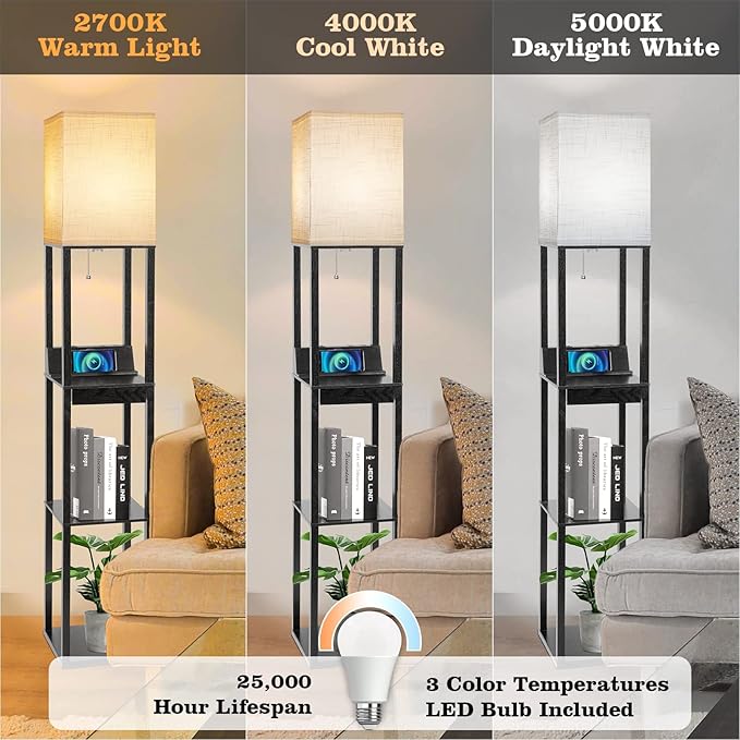 Floor Lamp with Shelves, RUNTOP LED Shelf Floor Lamp with Wireless Charger & 2 Charging USB Ports & Drawer, AC Outlet, 3 Color Temperature Tall Standing Lamp with Bulb for Living Room, Bedroom, Office - LeafyLoom