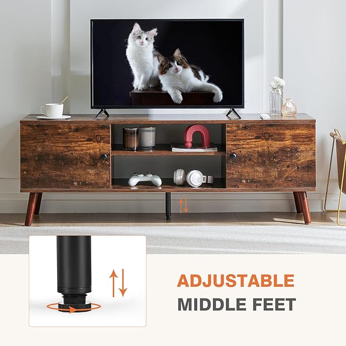 Sweetcrispy TV Stand for 55 60 inch TV, Modern Mid Century Entertainment Center with Storage, Media Console Table 2 Cabinet, Soft Hinge, Handle Door, Wooden Living Room, Office Furniture, Retro Brown - LeafyLoom