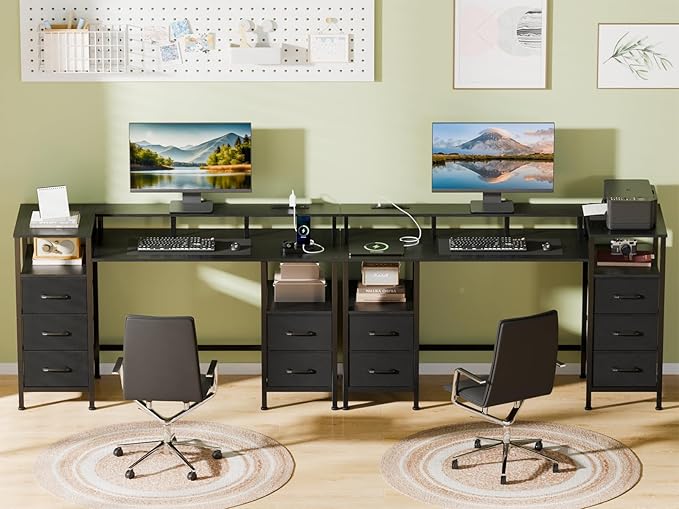 Computer Desk with Power Outlets & LED Lights, Gaming Desk with 5 Fabric Drawers for Bedroom, 47 Inch Home Office Desk with Monitor Stand & Storage Shelves for Working, Black - LeafyLoom