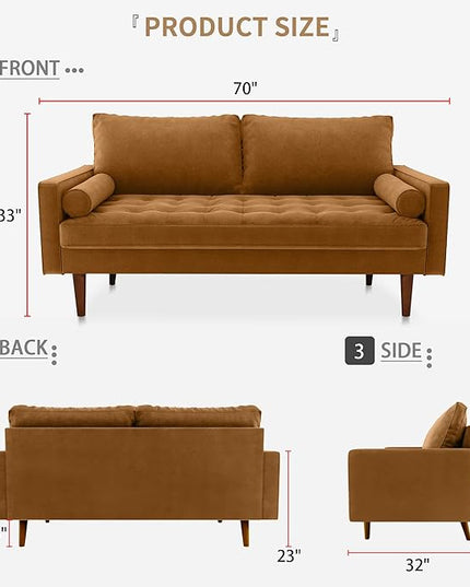 Velvet Furniture for Small Spaces, Mid-Century Modern Loveseats for Living Room, Love Seat Couch Sofas, 70 Inches, Ginger - LeafyLoom