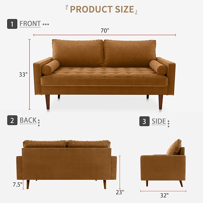 Velvet Furniture for Small Spaces, Mid-Century Modern Loveseats for Living Room, Love Seat Couch Sofas, 70 Inches, Ginger - LeafyLoom