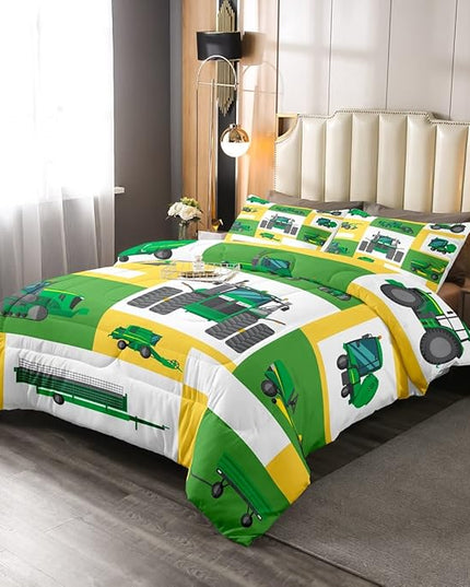 Erosebridal Kids Truck Comforter Set Full Size Boys Cartoon Tractor Down Comforter Excavator Construction Bedding Set Farmhouse Car Vehicle Duvet Set Bedroom Dorm Decor, Yellow Green - LeafyLoom