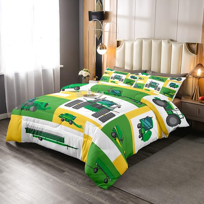 Erosebridal Kids Truck Comforter Set Full Size Boys Cartoon Tractor Down Comforter Excavator Construction Bedding Set Farmhouse Car Vehicle Duvet Set Bedroom Dorm Decor, Yellow Green - LeafyLoom