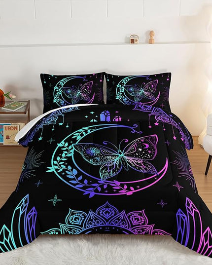 HOSIMA Butterfly Comforter Set 3Piece with 2 Pillowcases,Black Comforter Butterfly Aesthetics Room Decor,Boho Mandala Comforter Butterfly Bedding Set for Girls,Bohemian Queen Comforter Set. - LeafyLoom