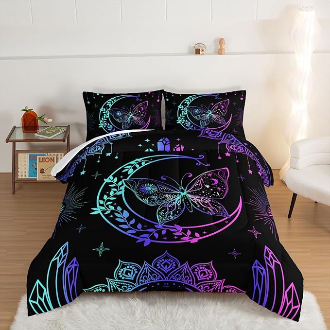 HOSIMA Butterfly Comforter Set 3Piece with 2 Pillowcases,Black Comforter Butterfly Aesthetics Room Decor,Boho Mandala Comforter Butterfly Bedding Set for Girls,Bohemian Queen Comforter Set. - LeafyLoom