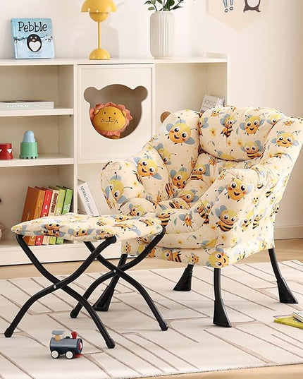 Welnow Toddler Kids Lazy Chair with Ottoman, Glow in The Dark Accent Comfy Lounge Children Armchair Couch with Removable Cover, Detachable Reading Chair with Footrest for Boy or Girl, Bees - LeafyLoom