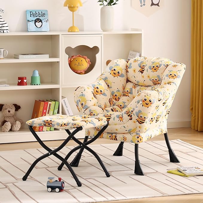 Welnow Toddler Kids Lazy Chair with Ottoman, Glow in The Dark Accent Comfy Lounge Children Armchair Couch with Removable Cover, Detachable Reading Chair with Footrest for Boy or Girl, Bees - LeafyLoom