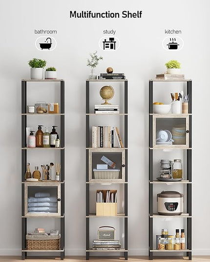 TUTOTAK 6 Tier Bookcase and Bookshelf, Narrow Book shelf with Door for Small Space, for Living Room, Office, Study, Entryway, Greige BS03BG006 - LeafyLoom