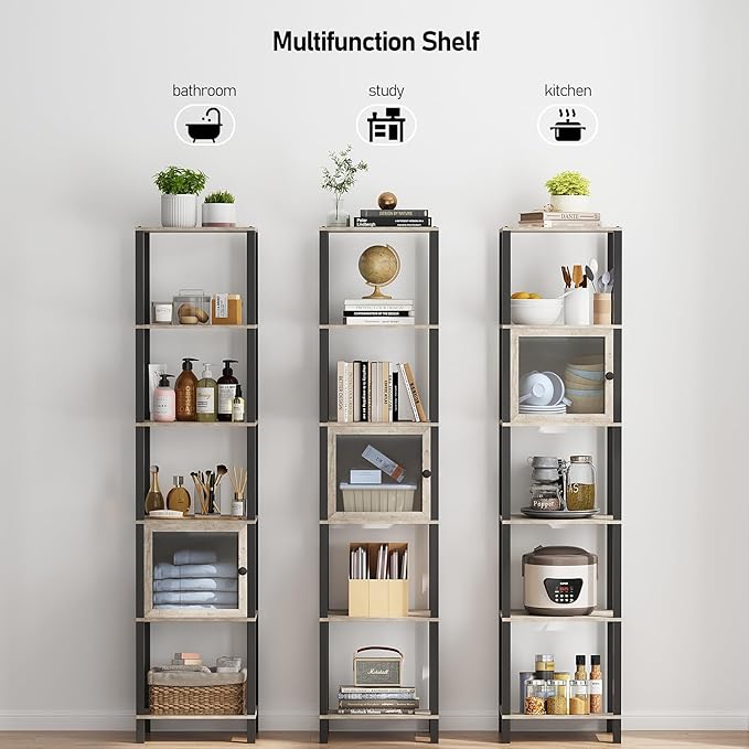 TUTOTAK 6 Tier Bookcase and Bookshelf, Narrow Book shelf with Door for Small Space, for Living Room, Office, Study, Entryway, Greige BS03BG006 - LeafyLoom