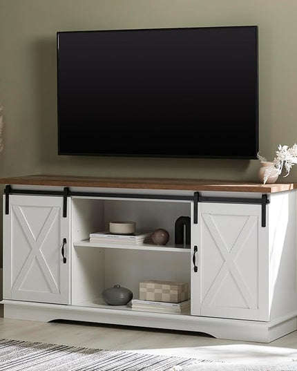 Walker Edison Richmond Modern Farmhouse Sliding Barn Door TV Stand for TVs up to 65 Inches, 58 Inch, White and Rustic Oak - LeafyLoom