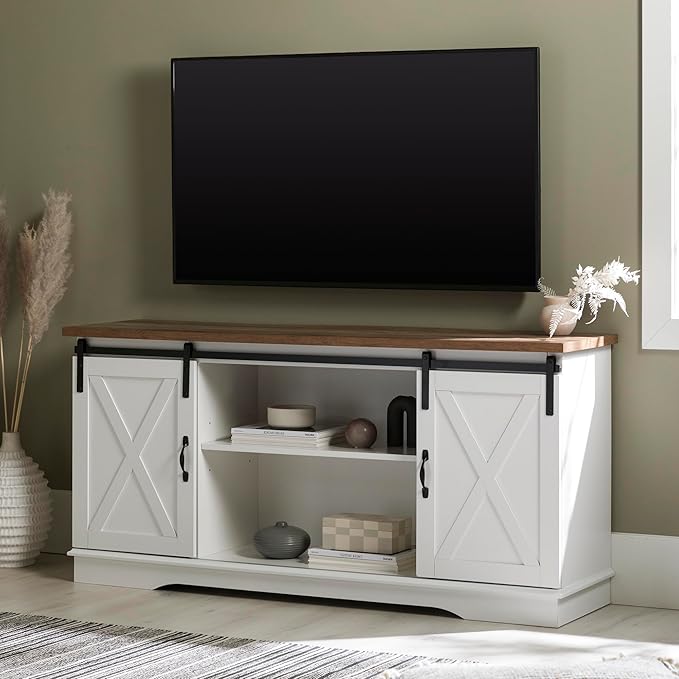 Walker Edison Richmond Modern Farmhouse Sliding Barn Door TV Stand for TVs up to 65 Inches, 58 Inch, White and Rustic Oak - LeafyLoom