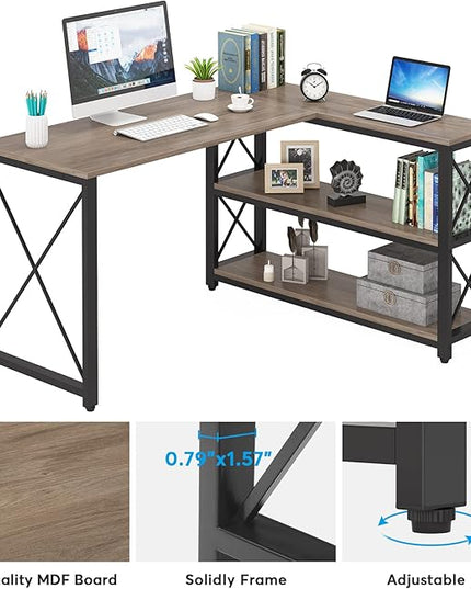 Tribesigns Reversible Industrial L-Shaped Desk with Storage Shelves, Corner Computer Desk PC Laptop Study Table Workstation for Home Office Small Space (Grey, 53") - LeafyLoom
