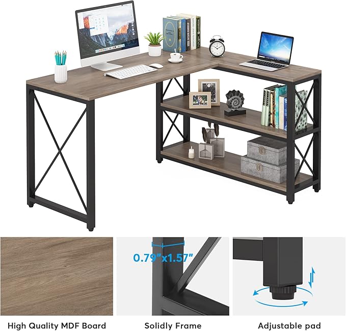 Tribesigns Reversible Industrial L-Shaped Desk with Storage Shelves, Corner Computer Desk PC Laptop Study Table Workstation for Home Office Small Space (Grey, 53") - LeafyLoom