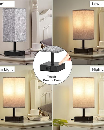 Ambimall Grey Table Lamp with USB Ports - 3 Way Touch Lamps Beside Desk, Nightstand Lamp for Bedrooms Living Room, Grey Shade with Black Base, LED Bulb Included(Grey) - LeafyLoom