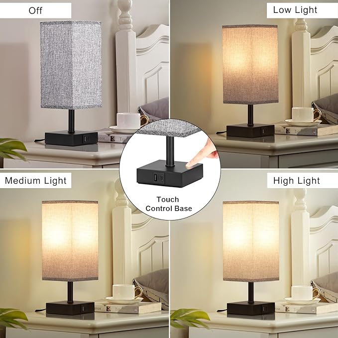 Ambimall Grey Table Lamp with USB Ports - 3 Way Touch Lamps Beside Desk, Nightstand Lamp for Bedrooms Living Room, Grey Shade with Black Base, LED Bulb Included(Grey) - LeafyLoom