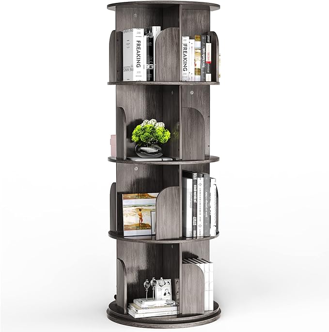 Rotating Bookshelf, Rotating Bookshelf Tower for Small Space, 360 Display 4 Tier Floor Standing Storage Rack, Wood Narrow Book Shelf for Bedroom, Living Room - LeafyLoom