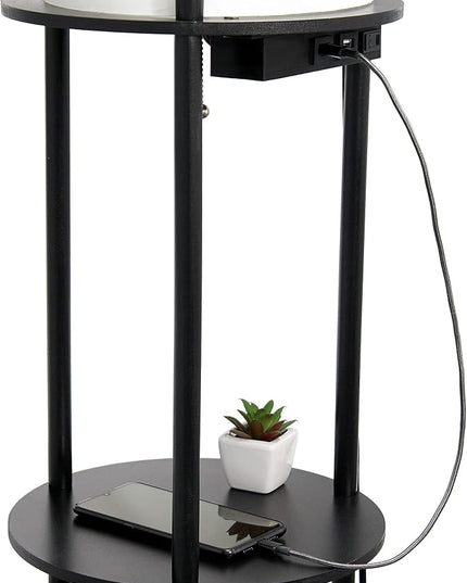 Simple Designs LF2010-BLK 62.5" Round Modern Shelf Etagere Organizer Storage Floor Lamp with 2 USB Charging Ports, 1 Charging Outlet and Linen Shade for Living Room Bedroom Office, Black - LeafyLoom