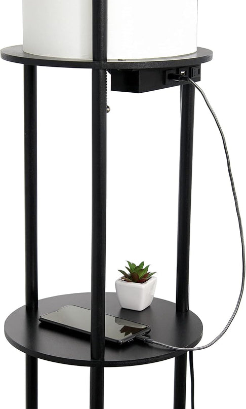 Simple Designs LF2010-BLK 62.5" Round Modern Shelf Etagere Organizer Storage Floor Lamp with 2 USB Charging Ports, 1 Charging Outlet and Linen Shade for Living Room Bedroom Office, Black - LeafyLoom